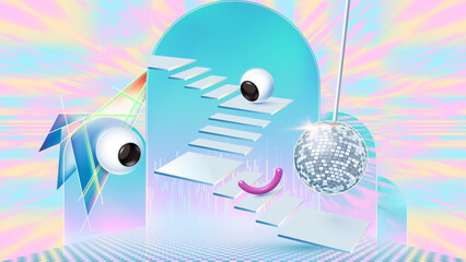 Retro disco scene. Abstract stage background with funny 3D face shapes, stairs and disco mirror ball