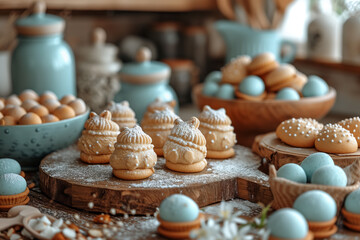 Fototapeta na wymiar Cookies Iced in Springtime Hues, Complementing the Whimsy of Speckled Eggs, Easter's Festive Flavors
