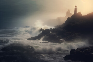 Ocean landscape during a storm. Rocky coast with lighthouse in the mist. Deserted shore with large waves and rocks in fog. Travel concept. Digital realistic photo 