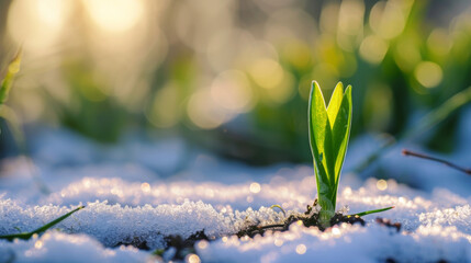 Young green sprout emerging from snowy frozen ground announcing end of winter end beginning of spring season
