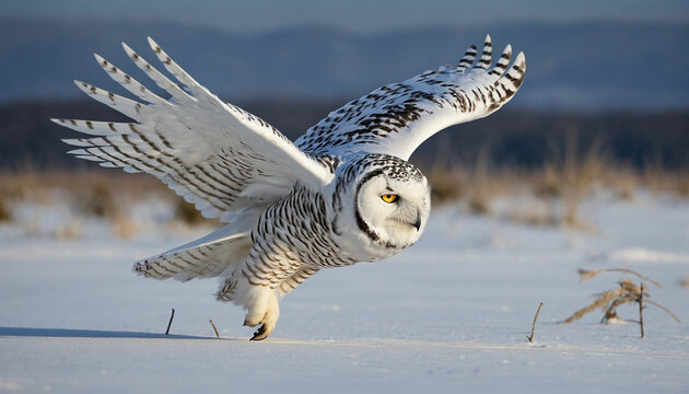 Elegance of a snowy owl in flight, its outstretched wings spanning the frame with meticulous precision, each feather meticulously rendered to convey its silent grace against a wintry landscape