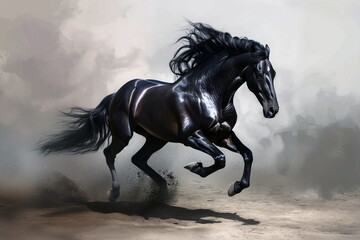 A majestic black horse galloping freely through a dusty terrain, mane flowing with power and grace.