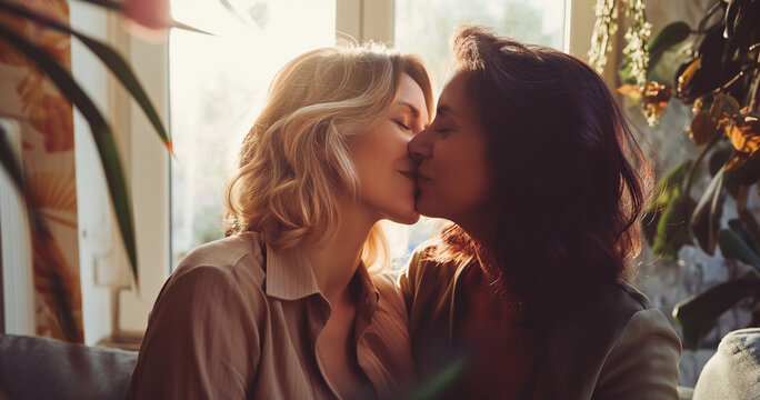 Lifestyle portrait of young lesbian couple in love, kissing passionately on couch in living room with houseplants
