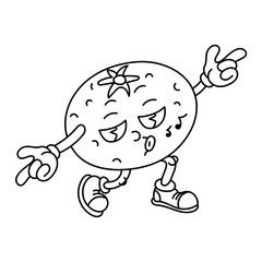 Retro clockwork fruit orange contour. Retro cartoon stickers with funny comic book characters and dancing gloved hands. A fruit with emotions on its face. Cool fruits. Groovy, y2k, 70s, 60s, retro