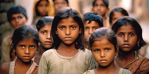group of skinny hungry poor children
