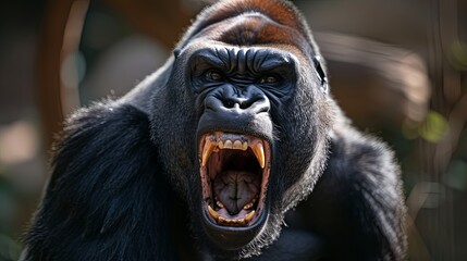 Portrait of angry mountain gorilla male showing teeth
