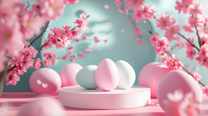 Obraz na płótnie Canvas pastel aesthetic easter eggs with flowers, Podium background cherry blossom flowers, easter kawaii spring summer background podium, 