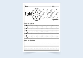 Number eight tracing practice worksheet. write and count numbers and  Coloring worksheets