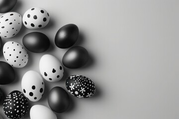 Monochrome Easter eggs on gray background, featuring white circle patterns