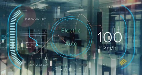 Animation of electric car dashboard and digital data processing over computer servers - Powered by Adobe