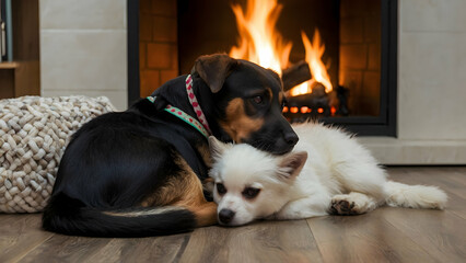 Furry Friends Snuggling Together by the Fireplace, Room for Custom Text
