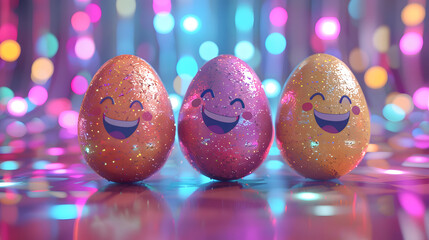Smiling colorful painted Easter eggs dancing at a disco party. Crazy Easter egg with funny faces with bokeh disco lights background,
