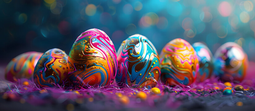 Painted Easter eggs on colorful background with colors splash effect. Abstract easter eggs background header wallpaper for web.	 - Powered by Adobe