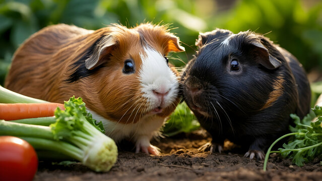 Cute Guinea Pigs Munching on Fresh Vegetables, Text Space Available
