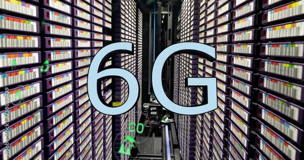 Poster animation of 6g text, digital data processing over computer servers