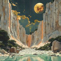 Serene Canyon Landscape with Majestic Moonrise and Waterfall