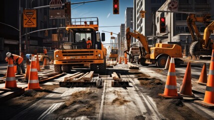 Illustration of road repair work with traffic cone signs and truck, asphalt road construction. - obrazy, fototapety, plakaty