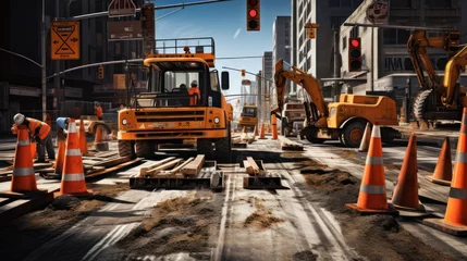 Tuinposter Illustration of road repair work with traffic cone signs and truck, asphalt road construction. © Muamanah