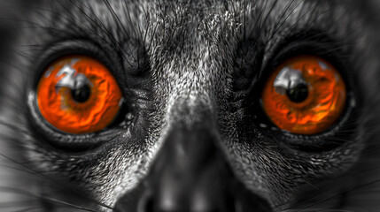 a close up of one large orange eyed lemur, in the style of dark white and black