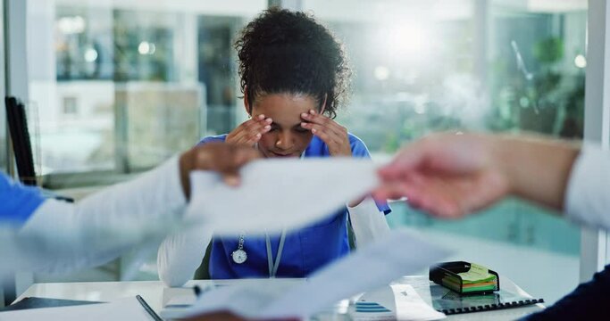 Headache, nurses or woman with stress in meeting, hospital or clinic overwhelmed by emergency deadlines. Anxiety, burnout or frustrated healthcare surgeon with migraine pain, documents or paperwork