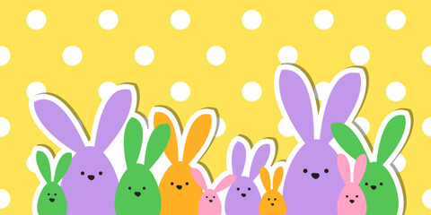 Celebration Greeting Easter card, colorful easter bunny family on polka dot background