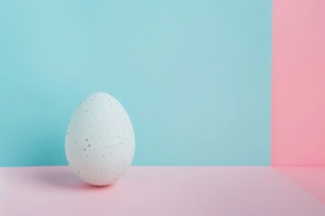 Fototapeta na wymiar a white egg is sitting on a pink and blue table