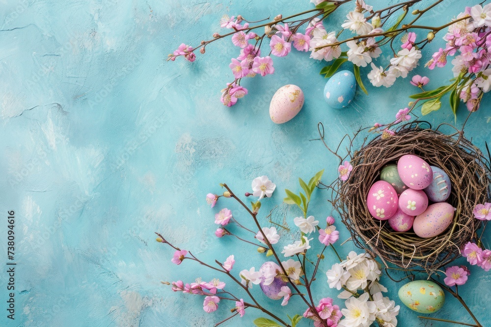 Wall mural easter eggs in a bird nest with flowers on a blue background