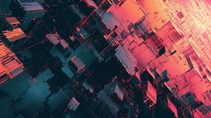 Futuristic abstract background with glowing squares in pink and blue colors - obrazy, fototapety, plakaty