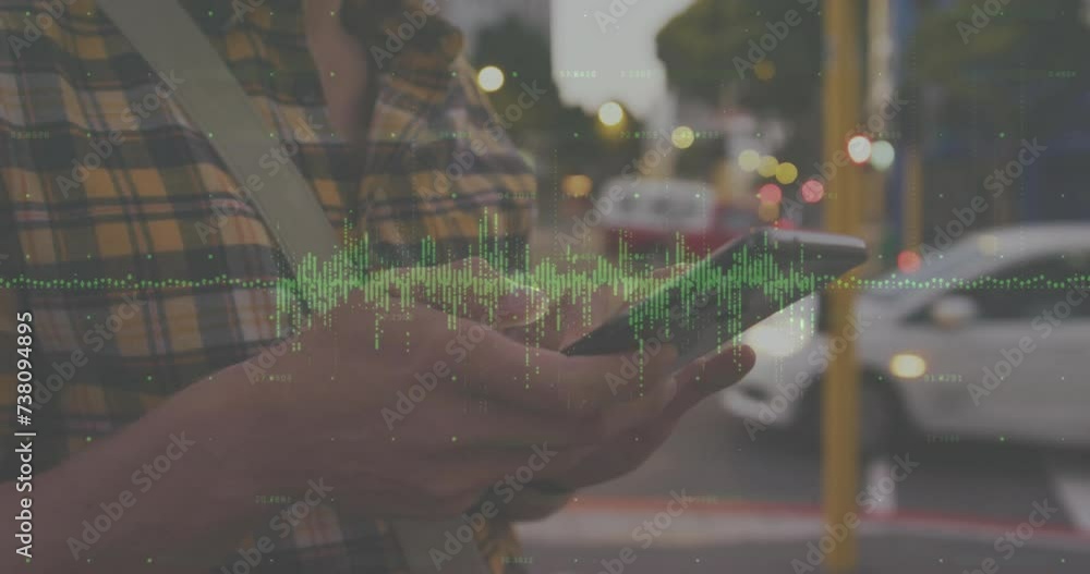Poster animation of financial data processing over caucasian man with smartphone on the go