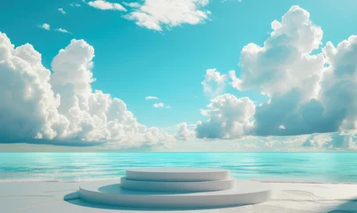 Foto auf Acrylglas on beach with blue sky and white clouds abstract background. Tropical summer and vacation concept. Graphic rendering illustration design © sutagon