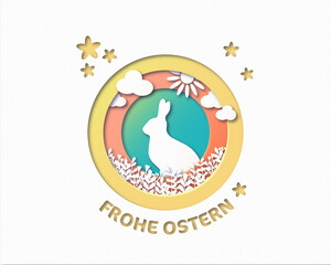 Papierschnitt mit Osterszene, Hasen, Blumen und Ostergruß