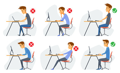 Correct body alignment in sitting working with computer. Wrong posture cause office syndrome and back pain.  illustration set