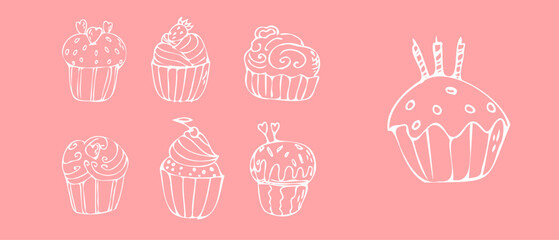 Doodle cupcakes with cream - sweet food on pink background. Vector illustration can used for bakery background, invitation card, poster, textile, banner, greeting card, invitation card, bakery design