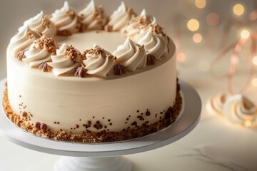 The beautifully iced cake is presented with care