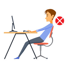 Correct body alignment in sitting working with computer. Wrong posture cause office syndrome and back pain. illustration