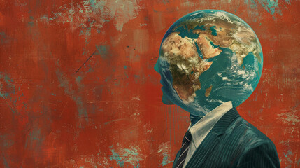 Craft an illustration depicting a businessmans head as a globe emphasizing his global perspective and understanding of Earths various economic aspects