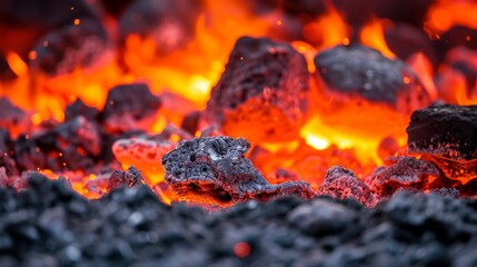 Burning coals close-up. The texture of the fire. - obrazy, fototapety, plakaty