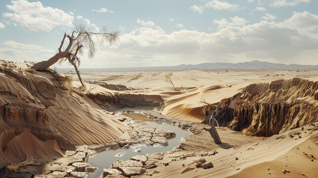 Craft an evocative background combining the remnants of a once thriving desert and a receding tsunami prompting viewers to contemplate the cyclical nature of destruction and rebirth