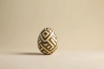 Art A wooden table displays a brown and white egg with a maze pattern
