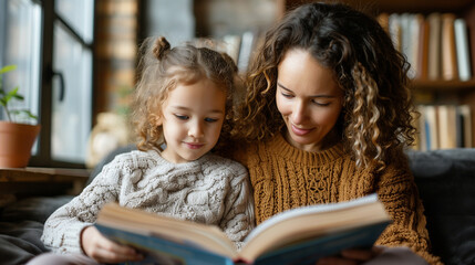  Reading : Lovely family mom and daughter reading story together on sofa daytime at home family hobby.