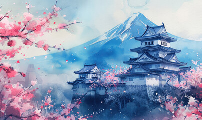 Watercolor Himeji Castle and cherry blossoms filled with Mount Fuji background Japan