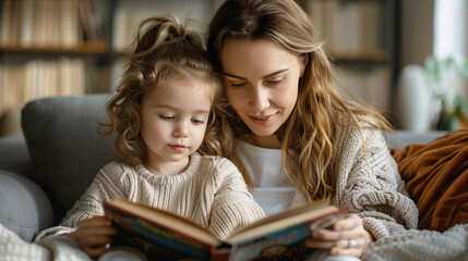 Fototapeta na wymiar Reading : Lovely family mom and daughter reading story together on sofa daytime at home family hobby.