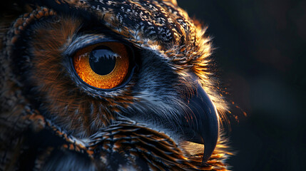 owl, in the style of dramatic lighting, dark black and orange, close-up, photo-realistic techniques, high resolution