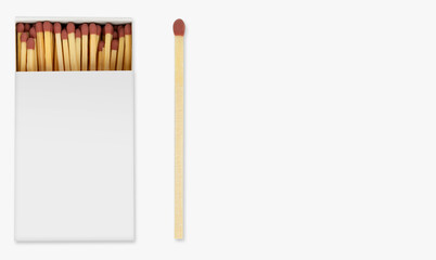 An open box is full of matches. on a light background.