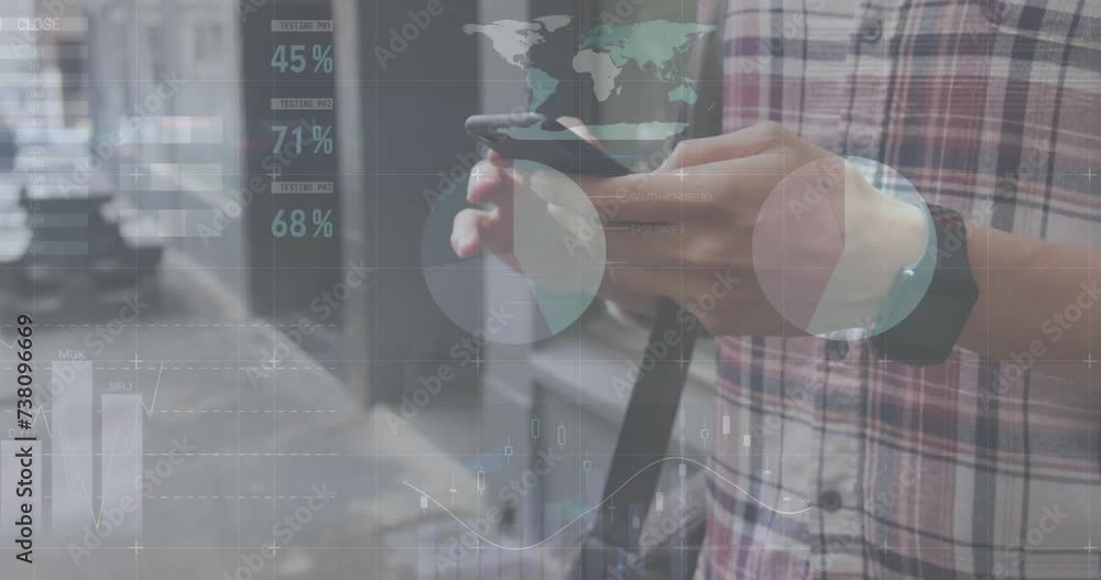 Aufkleber animation of financial data processing over caucasian man with smartphone on the go