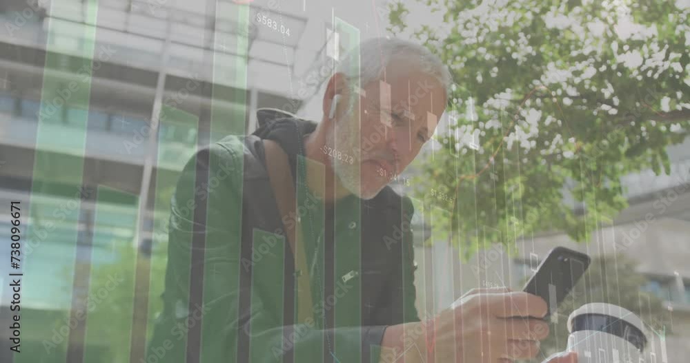 Aufkleber animation of financial data processing over caucasian man with smartphone on the go