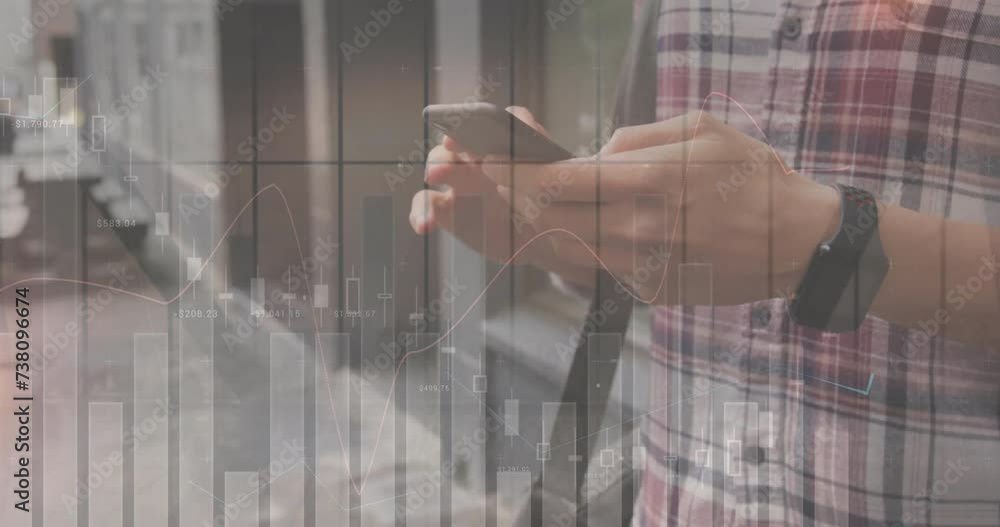 Aufkleber animation of financial data processing over caucasian man with smartphone on the go
