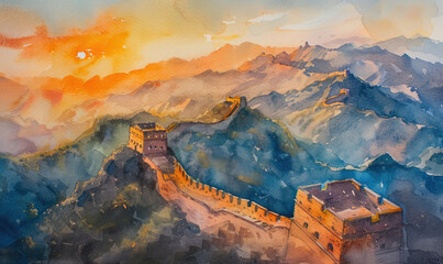 Watercolor Great wall under sunshine during sunset