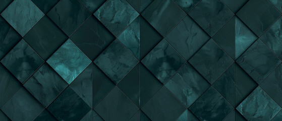 Obraz premium Abstract dark green colored 3d vintage worn shabby lozenge diamond rue motif tiles stone concrete cement marbled stone wall texture wallpaper background banner panorama