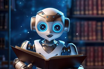 A child artificial intelligence robot is reading a book - obrazy, fototapety, plakaty